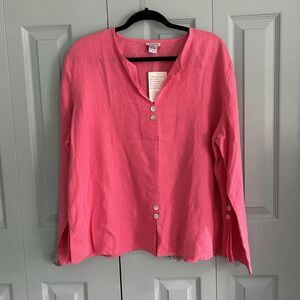 Toofan Womens Linen Pink V-Neck Tunic Blouse XL Relaxed Lagenlook Coastal